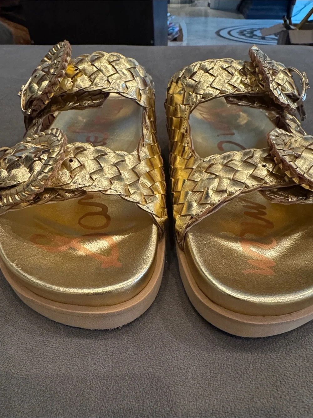 Sam Edelman Women's Woven Double-Buckle Slide Sandals in Metallic Gold